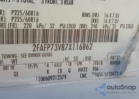 2007 Ford Crown Victoria Standard z USA, uszkodzony, nr VIN 2FAFP73V87X116862